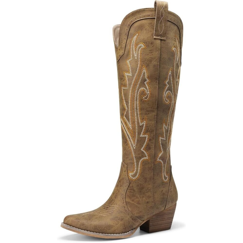 Womens Faux Leather Tan Embroidered Side Zipper Chunky Heel Retro Tall Boot